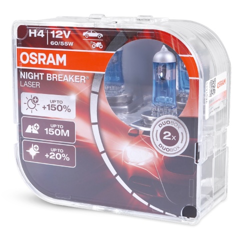 Автолампа галогенная H4 (60/55W P43T +150%) NIGHT BREAKER LASER (евробокс, 2шт) 3900K 12V OSRAM фото 1