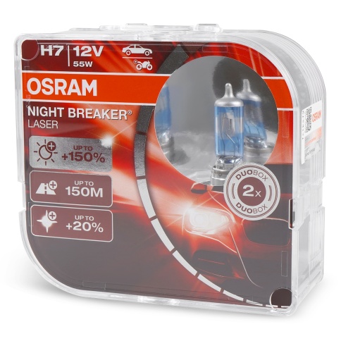 Автолампа галогенная H7 (55W PX26D +150%) NIGHT BREAKER LASER (евробокс, 2шт) 12V OSRAM фото 1