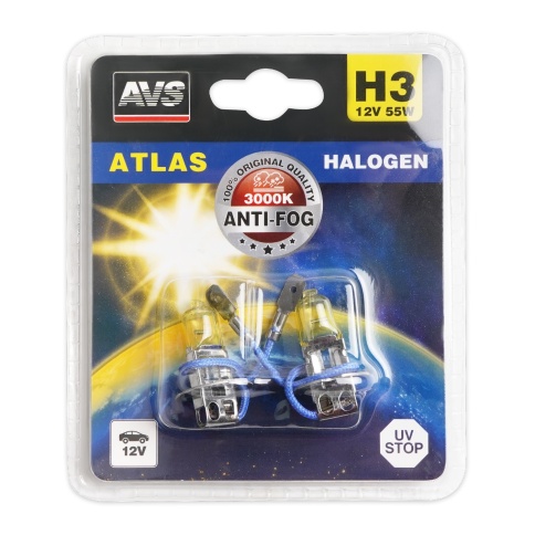 Галогенная лампа AVS /ATLAS ANTI-FOG/желтый H3.12V.55W.блистер 2шт. фото 1