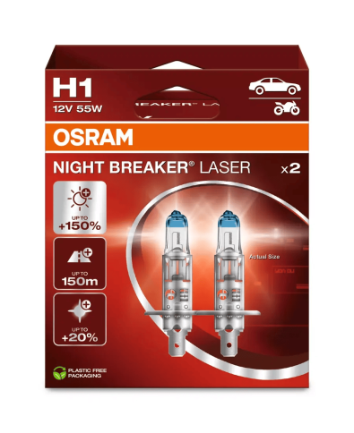 Автолампа галогенная H1 (55W P14.5s +150%) NIGHT BREAKER LASER (евробокс, 2шт) 3400K 12V OSRAM фото 1