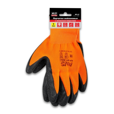 Перчатки нейлоновые с ребристым латексным покрытием (оранжево-черные) 1 пара AVS RP-07 фото 6