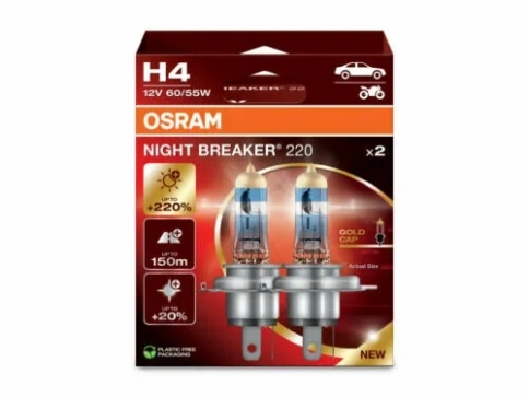 Автолампа галогенная H4 (60/55W P43T +220%) NIGHT BREAKER (блистер 2шт) 12V OSRAM фото 1